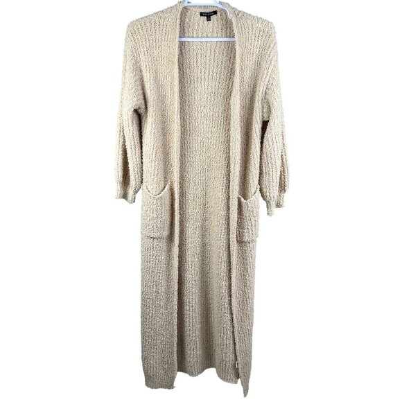 Hers & Mine Womens S Fuzzy Soft Long Maxi Beige Loose Knit Open Cardigan Pocket - Picture 3 of 15